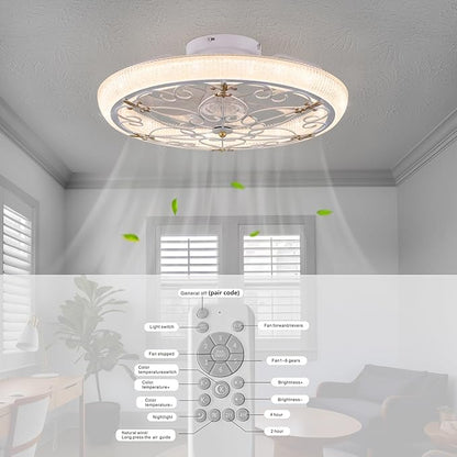 Rustic White Caged Ceiling Fan, Farmhouse Ceiling Fan with Lights Remote Control with Crystal, LED Low Profile Ceiling Light for Bedroom Kitchen Living Room
