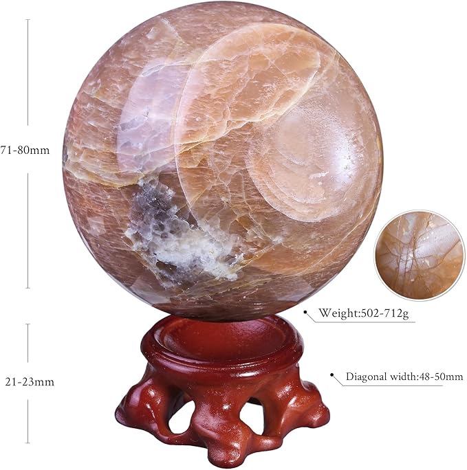 Nupuyai Natural Orange Moonstone Crystal Ball with Resin Stand, Healing Crystal Sphere for Home Decor 2.8"-3.15"(71mm-80mm)