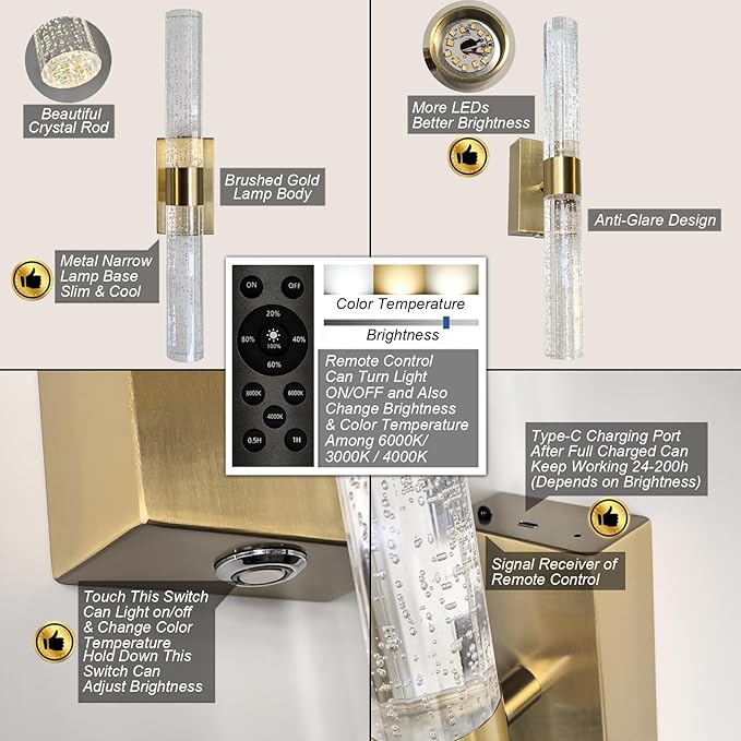 Cordless Rechargeable Crystal Wall Sconces Battery Operated Set of 2 | Brushed Gold Crystal Wall Lights Battery Sconces Wall Decor Picture Light for Living Room Bathroom Bedroom (2 Pack, Gold, 15.5'')