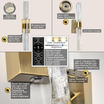 Cordless Rechargeable Crystal Wall Sconces Battery Operated Set of 2 | Brushed Gold Crystal Wall Lights Battery Sconces Wall Decor Picture Light for Living Room Bathroom Bedroom (2 Pack, Gold, 15.5'')