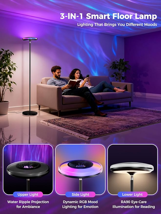 Smart Floor Lamp for Living Room, RGB+WW Ripple Projector, LED Corner Floor Light, Dimmable Tall Standing Lamp with App Control, Color Changing Mood Light & Eye-Care Reading Lamp for Bedroom