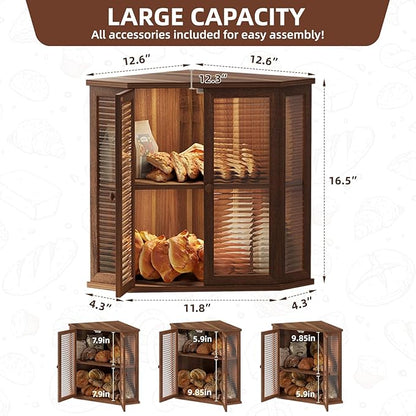 Corner bread box Bread Box for Kitchen Countertop - Corner Bread Storage Box 16.51" H, Premium Acacia Wood with Glass Door, Perfect for Homemade Bread, Baguettes & Pastries(Acacia wood)