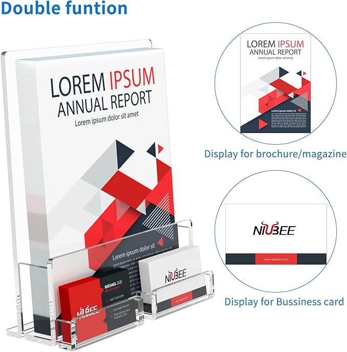 NIUBEE 2-Pack Acrylic Brochure Holder 8.5*11 inches , Clear Brochure Display Stand with Acrylic Business Card Holder, Plastic Flyer Display Stand for Magazine, Pamphlet, Booklets, Menu, Journals