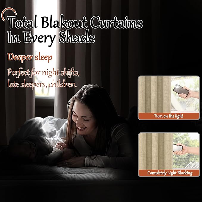 Lajode 100% Blackout Curtains for Living Room 90 Inches Long 2 Panels, Faux Linen Textured Floor Length Thermal Insulated Bronze Grommet Boho Window Energy Save Drapes, Each 52" Wide, Burlap