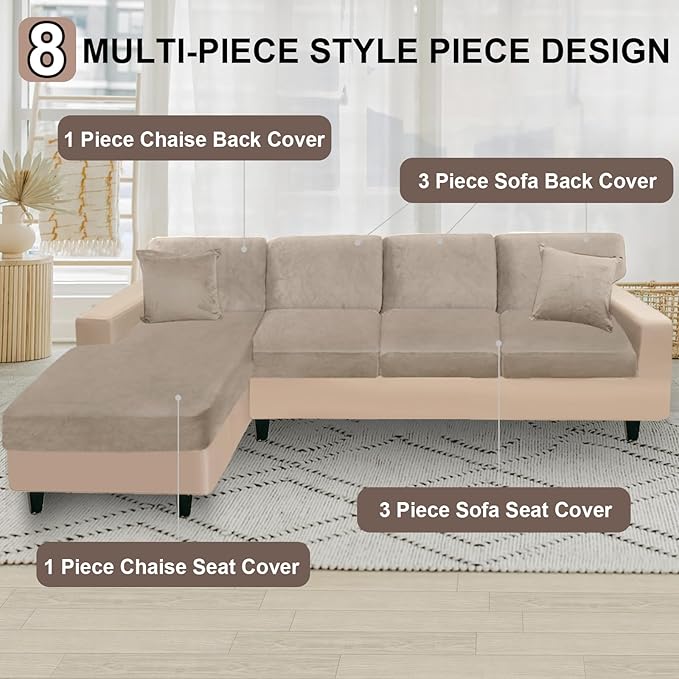 NAISI Sectional Couch Covers 8 Pieces Velvet Couch Cushion Covers L Shape Soft Stretch Sofa Slipcovers with 2pcs Pillowcases for Left/Right Chaise Sectional Couch(3 Seater+1 Chaise+4 Back,Taupe)