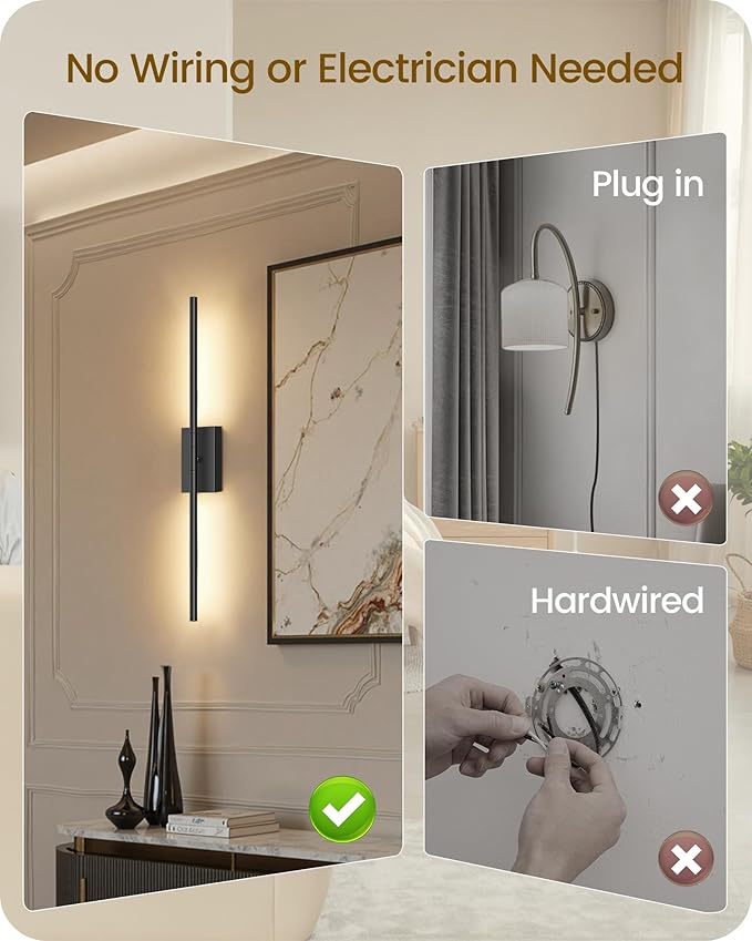 27.6" Wireless Wall Sconces Battery Operated Set of 2, Rechargeable Lamps with Remote, 360° Rotation, 10000mAh, Touch Dimmable Lights for Bedroom, Living Room, Hallway, Black B06YBP205
