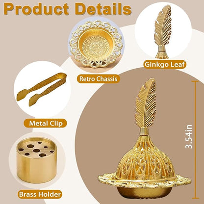 Majewel 3 in 1 Incense Holder, Vintage Incense Holders for Sticks with 9 Holes, Incense Burner Ash Catcher, Brass Incense Stick and Cone Burner for Meditation, Yoga, Home Decor (Feather)