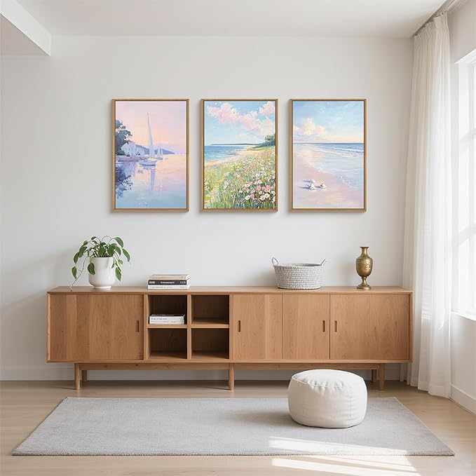 Pink Pastel Coastal Colorful Wildflower Framed Canvas Wall Art Set,Watercolor Preppy Floral & Sailboat Seascape Decor,Dreamy Textured Beach Artwork for Living Room,Bedroom,Farmhouse-16 x24 x3