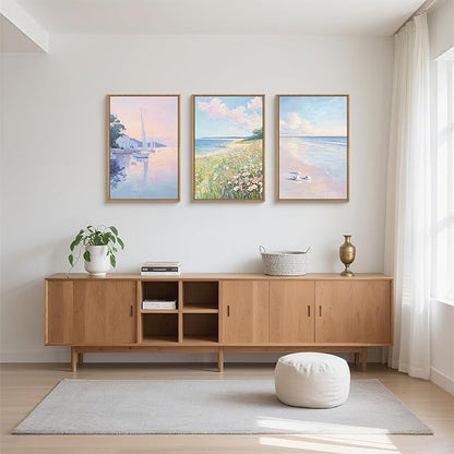 Pink Pastel Coastal Colorful Wildflower Framed Canvas Wall Art Set,Watercolor Preppy Floral & Sailboat Seascape Decor,Dreamy Textured Beach Artwork for Living Room,Bedroom,Farmhouse-16 x24 x3