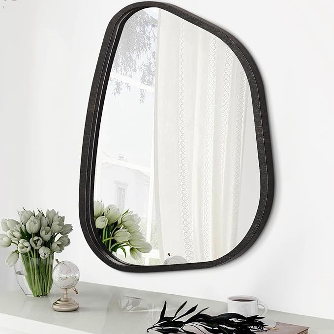 Irregular Wall Mirror Modern Oval Asymmetrical Wooden Framed Unique Hanging Mirror Artistic Wavy Mirror Decor Bathroom Vanity Bedroom Living Room Entryway Hallway 26"x18"