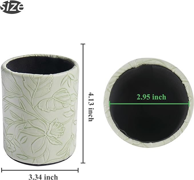PU Leather Pen Holder Round Flash Makeup Brush Holder Desktop Pencil Storage Holder Gift for Desk Office Classroom Home(1-Carved Green)