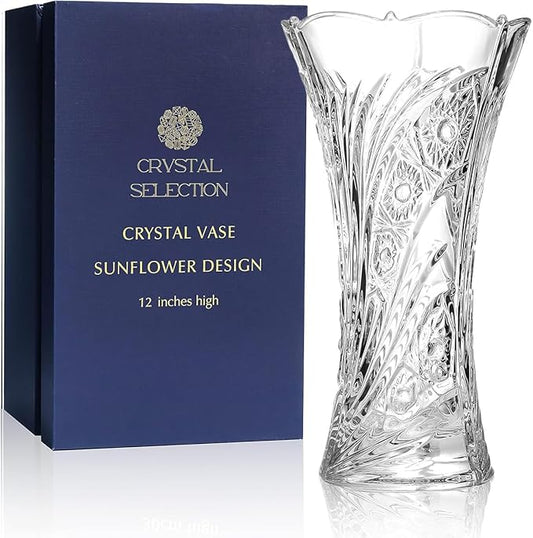 CS Crystal Vase 12-inch high, Sunflower Design, for Flowers & Decor. Lovely Nice Shiny Piece. Perfect as a Gift, Suitable for All Occasions.