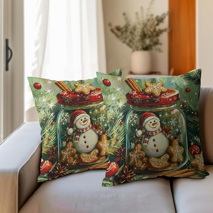 Christmas Pillow Covers 16x16 Set of 2 Green Snowman Throw Pillow Covers Winter Pillowcase Linen Decoration Farmhouse Snowflake Bell Cozy Soft Cushion Case Couch for Indoor Outdoor Home Decor