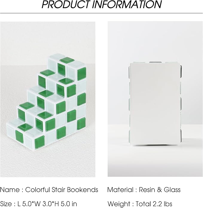 Decorative Bookends for Shelves - Stair Book Ends for Heavy Books - Unique Book Stopper & Holder for Shelves - Modern Home Decor Aesthetic Bookshelf Decor (Green & White)
