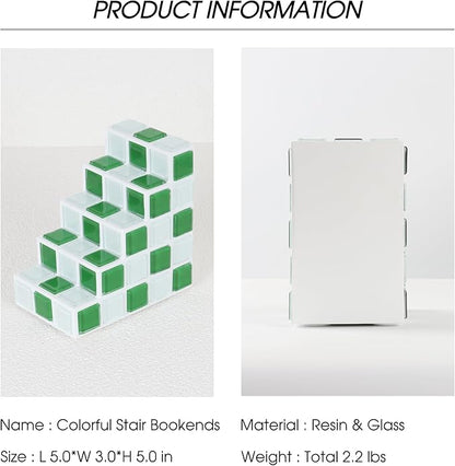 Decorative Bookends for Shelves - Stair Book Ends for Heavy Books - Unique Book Stopper & Holder for Shelves - Modern Home Decor Aesthetic Bookshelf Decor (Green & White)