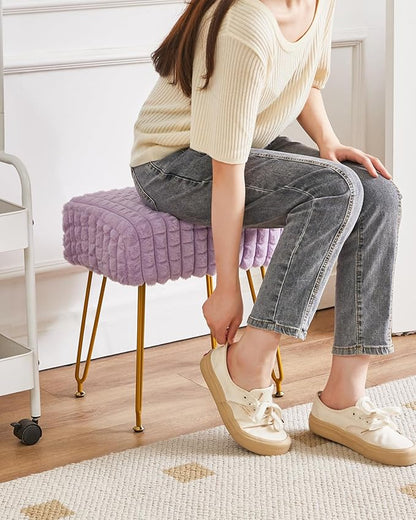 IBUYKE Rectangular Footrest Stool Ottoman, Makeup Vanity Stool Side Table, Velvet Dressing Table Seat, Footstool Chair, Golden Steel Legs, for Makeup Room, Bedroom, Square grid pattern, Purple WBD003V