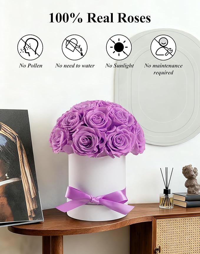 Preserved Roses Dome in a Box, Forever Real Roses Decor, Eternal Flowers for Delivery Prime, Best Gifts Birthday, Wedding, Anniversary, Mother's Day, Christmas for Her, 18-Pieces (Light Purple)