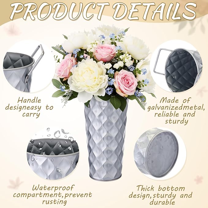 12 Pcs Silver Metal Flower Vases 9 Inch Galvanized Flower Bucket Spring Farmhouse French Bucket with Handles, Floral Vases for Centerpiece Bar Wedding Bouquet Table Decoration Supplies