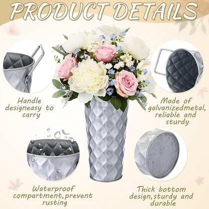 12 Pcs Silver Metal Flower Vases 9 Inch Galvanized Flower Bucket Spring Farmhouse French Bucket with Handles, Floral Vases for Centerpiece Bar Wedding Bouquet Table Decoration Supplies