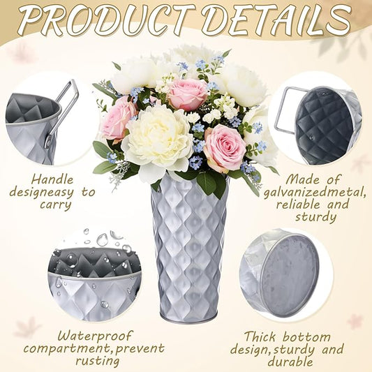 12 Pcs Silver Metal Flower Vases 9 Inch Galvanized Flower Bucket Spring Farmhouse French Bucket with Handles, Floral Vases for Centerpiece Bar Wedding Bouquet Table Decoration Supplies