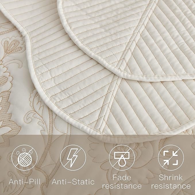 CHIXIN Bedspread Coverlet Set Queen Size - Lightweight Bedding Cover - Beautiful Stitching - 5 Piece Reversible Bedspread - Gorgeous Damask Paisley Pattern (Queen, Ivory-Yellow)