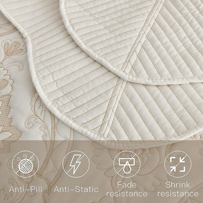 CHIXIN Bedspread Coverlet Set Queen Size - Lightweight Bedding Cover - Beautiful Stitching - 5 Piece Reversible Bedspread - Gorgeous Damask Paisley Pattern (Queen, Ivory-Yellow)