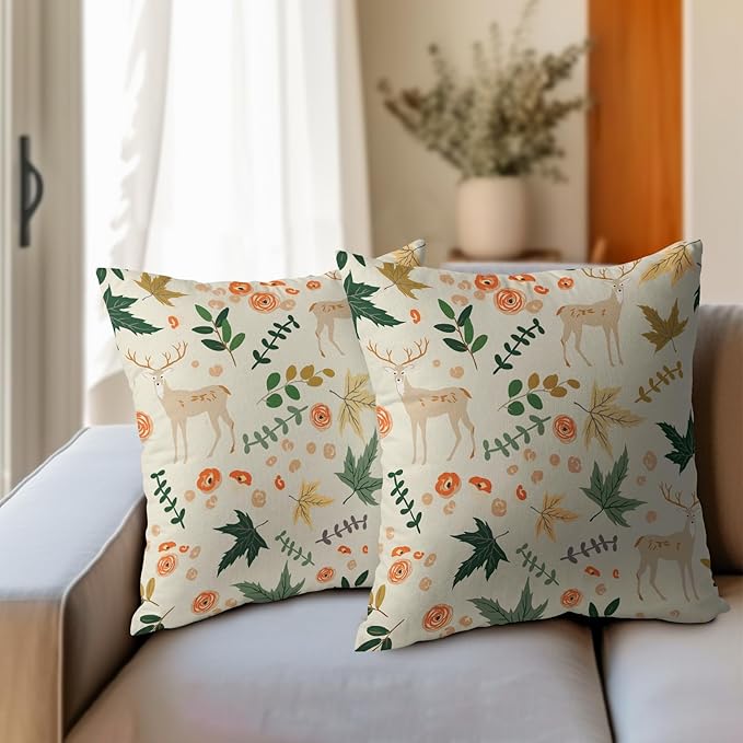 Deer Fall Pillow Covers 16x16 Set of 2 Green Cream Maple Leaf Autumn Outdoor Christmas Pillows Case Animal Print Pattern Decorative Xmas Cushion Cover Rustic Decoration Farmhouse Sofa Couch Bed Decor