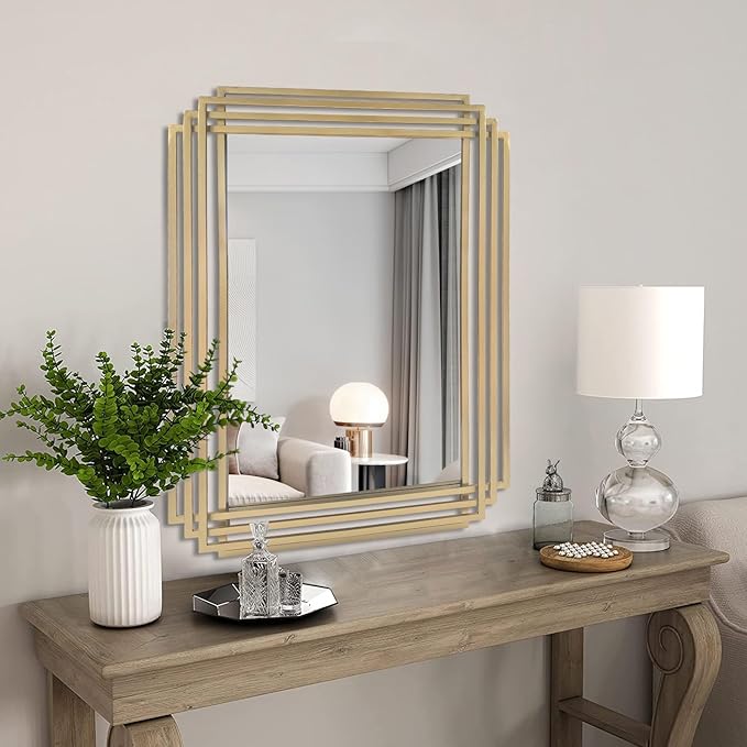 Gold Rectangle Mirror, 24"x18" Modern Vanity Wall Mirror with Metal Mirror, Geometric Art Deco Mirrors for Living Room Bathroom Bedroom Entryway Hallway, Hangs Vertically or Horizontally