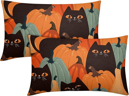 Halloween Pumpkin Fall Pillow Covers 12x20 Set of 2 Burnt Orange Black Cat Print Decorative Autumn Lumbar Outdoor Pillowcases with Zipper Farmhouse Holiday Throw Cushion Case Decor for Couch Sofa Bed