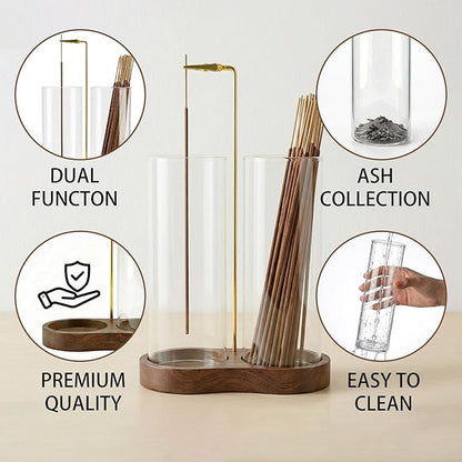 Incense Holder,Wooden Incense Holder for Sticks with 20 Incense Sticks, Anti-ash Incense Burner with Glass Ash Catcher, Wood Incense Holder 20 Stick (2 Glass Ellipse Base)