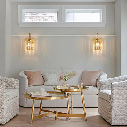 Wall Sconces, Set of 2 Gold Crystal Vanity Lights, Modern Wall Lamp for Bathroom, Hallway, and Makeup, Easy Installation