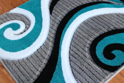 Masada Sophia Collection Hand Carved Modern Contemporary Turquoise White Grey Black Welcome Mat, Doormat, Bathroom Rug, Kitchen Mat, Small Space Rug (2 Feet X 3 Feet 4 Inch)