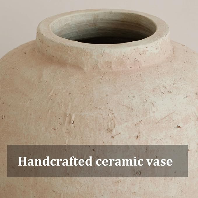 Large Ceramic Vase, 11" Rustic Farmhouse Terracotta Vase for Home Decor, Handicraft Decorative Flower Vase for Living Room, Table Centerpiece, Bedroom (Rustic Beige)