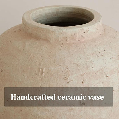 Large Ceramic Vase, 11" Rustic Farmhouse Terracotta Vase for Home Decor, Handicraft Decorative Flower Vase for Living Room, Table Centerpiece, Bedroom (Rustic Beige)