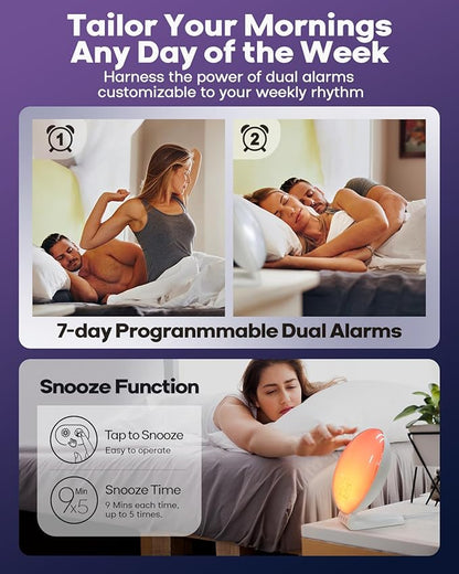 Dekala Sunrise Alarm Clock with 3-in 1 Wireless Charger Clocks, White Noise Sound Machine, Night Lamp with 11 Light, Alarm Clock for Heavy Sleepers Adults, Compatible with iPhone/Apple Watch/Airpods
