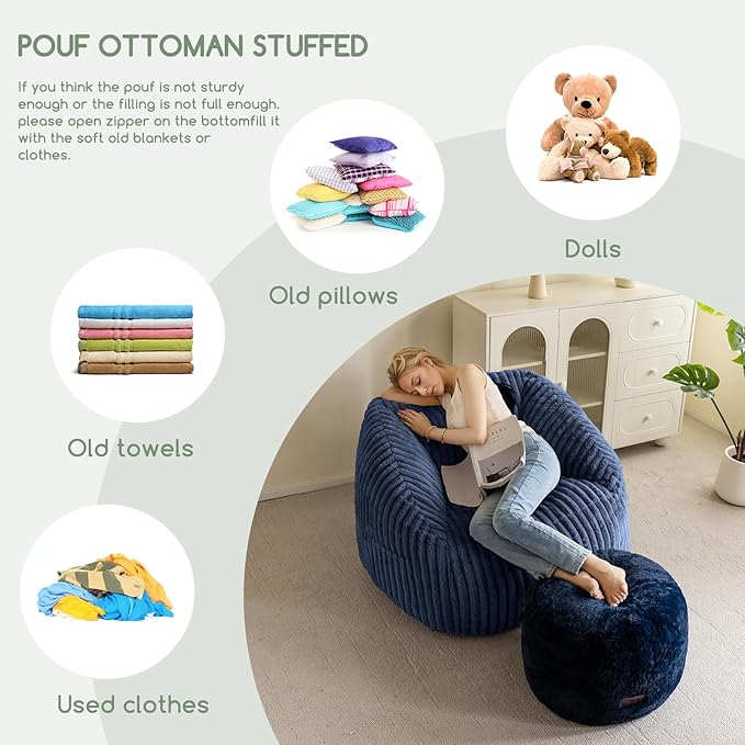 HIGOGOGO Pouf Stuffed Ottoman Round Modern Foam Filled Foot Rest Chair Decorative Poufs 26 x 18 Inches Fluffy Boho Comfy Stool for Living Room, Navy