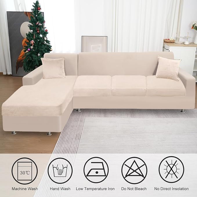 Sectional Couch Covers for 4-Piece Seat Cushion Velvet Separate L Shape Couch Cover Stretch Sofa Slipcover with 2 Pieces Pillowcases Furniture Protector (Sofa 3 Seater + 1 Chaise, Beige)