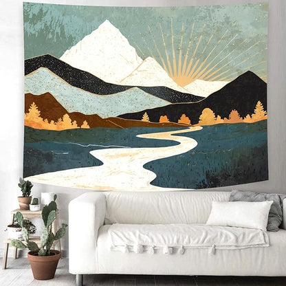 Delur Boho Mountain Tapestry Sunset Nature Forest Tree Landscape Wall Hanging Tapestry Sunrise Abstract Psychedelic Headboard for Bedroom Living Room Home Decor (51.2" x 59.1")