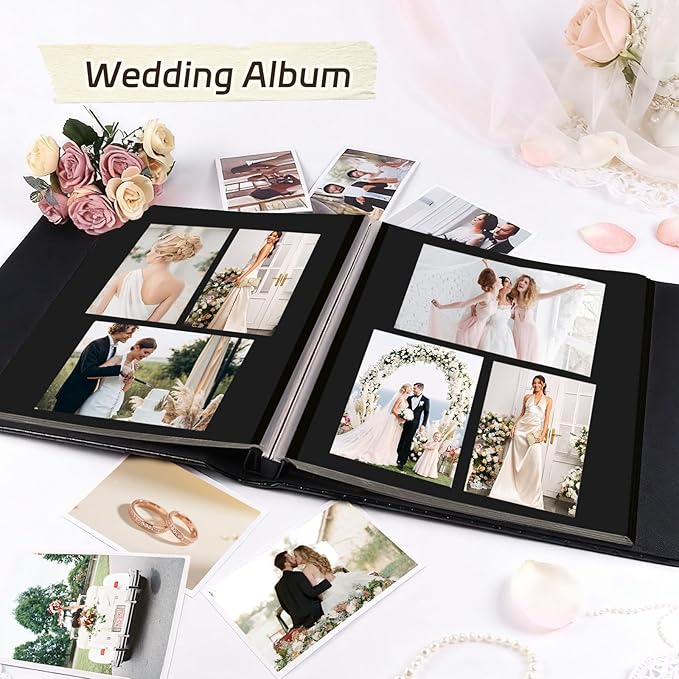 RECUTMS Photo Album Scrapbook 30 Pages for 4x6 5x7 8x10 Photos Size DIY Self Adhesive Pages Button Grain Leather Picture Album Baby Family Wedding Anniversary Picture Book (Black)