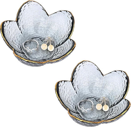 Koythin 2-Piece Glass Jewelry Tray, Small Trinket Holder for Necklace Bracelet Earring, Ring Holder for Bathroom, Aesthetic Trinket Dish, Flower Nightstand Decor for Girl Mom Women (Grey)