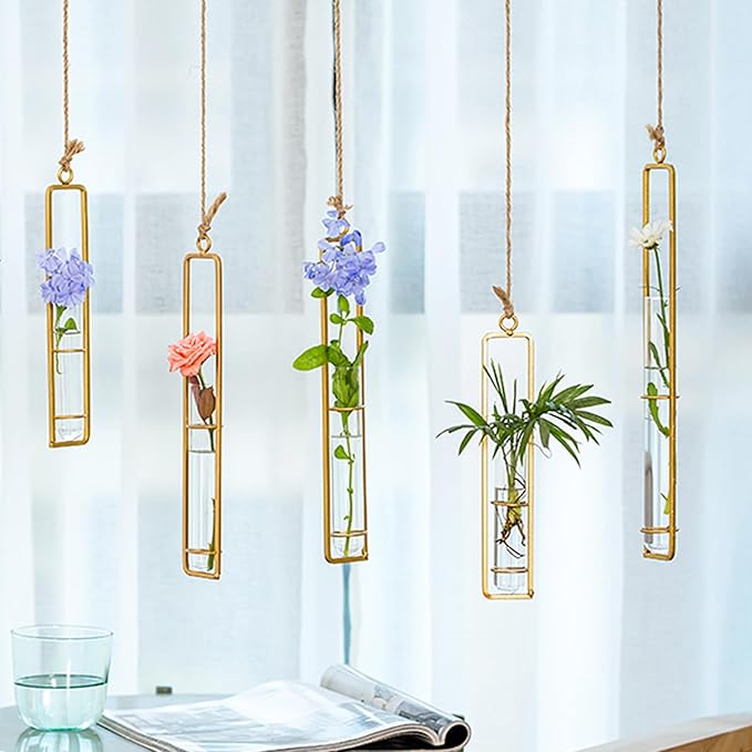 Sziqiqi Glass Propagation Station Test Tube Vases Clear Glass for Cuttings, Buds, Greenery Hydroponic Plant Propagation Home Balcony Bath Wall Decoration Floral Container Set of 3 Gold