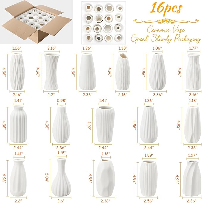 16packs Small White Ceramic Vases - Mini Flower Vases for Centerpieces, Boho Home Decor, White Bud Vase Set for Weddings Table Decor, Pampas Grass