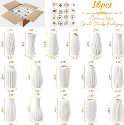 16packs Small White Ceramic Vases - Mini Flower Vases for Centerpieces, Boho Home Decor, White Bud Vase Set for Weddings Table Decor, Pampas Grass