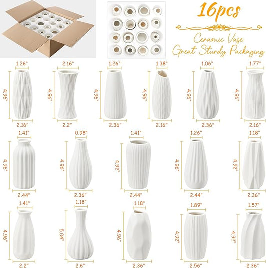 16packs Small White Ceramic Vases - Mini Flower Vases for Centerpieces, Boho Home Decor, White Bud Vase Set for Weddings Table Decor, Pampas Grass