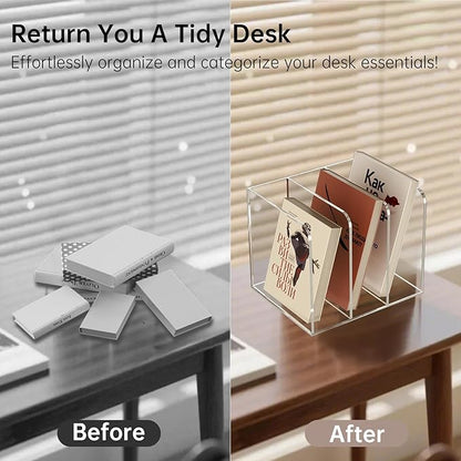 Acrylic Desk Organizer Book Organizer, Magazine File Holder, Vertical File Organizer Stand File Folder Holder, Mail Organizer Countertop Mail Sorter File Sorter, Clear Book Ends Book Holder