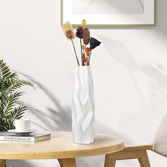 12Inch Tall Ceramic White Flower Vase,Home Decor White Vases for Pampas Grass,Modern Textured Vases for Table Centerpieces,Living Room Decorations,Shelf,Farmhouse Small Ceramic Vase
