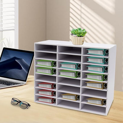 Literature Organizer with 24 Compartments | Adjustable Desktop File Sorter Mail Center for Home, Office & Classroom | PVC Paper Storage Cabinet with Shelves (White, 24 Compartments)