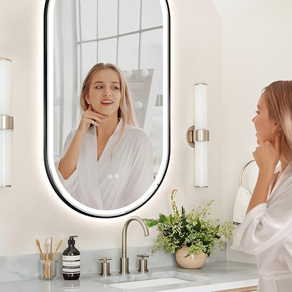 Niccy Oval LED Mirror for Bathroom, 55x28 Front Lit + Backlit Vanity Mirrors with Light Anti-Fog, Shatter-Proof, 3 Colors, Makeup Mirror with Old Black Frame (Horizontal/Vertical)