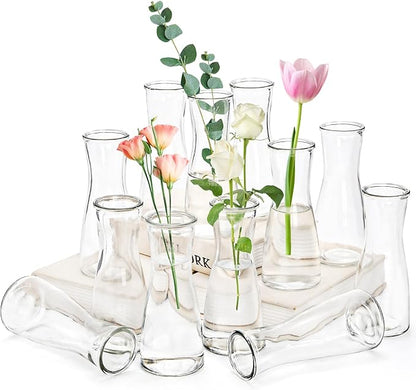 Set of 12 Glass Bud Vases, 6 Oz Clear Small Vases for Flowers Centerpieces, Minimalist Decorative Bulk Vases for Wedding, Birthday, Events, Dining Room Decor