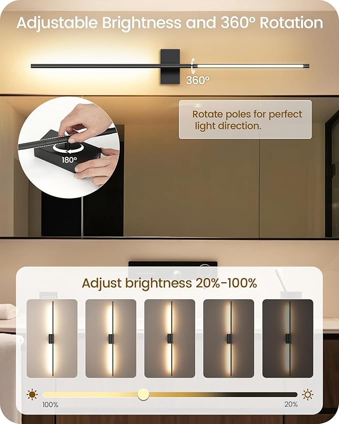 39.4" Wireless Wall Sconces Battery Operated Set of 2, Rechargeable Lamps with Remote, 360° Rotation, 10000mAh, Touch Dimmable Lights for Bedroom, Living Room, Hallway, Black B07YBP205